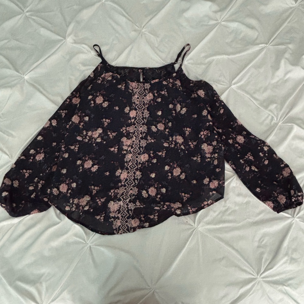 Rewind Navy Floral Cold Shoulder Blouse with Pink Accents